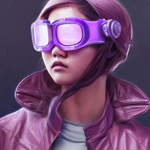 Image similar to full body of Korean female wearing VR goggles and futuristic short violet leather jacket, torn 1980s tank top underneath jacket, intricate, elegant, highly detailed, digital painting, artstation, concept art, smooth, sharp focus, illustration, art by artgerm and greg rutkowski and alphonse mucha