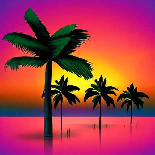 Prompt: Palm Trees with sunset in the background, logo, vaporwave, award winning, photorealistic