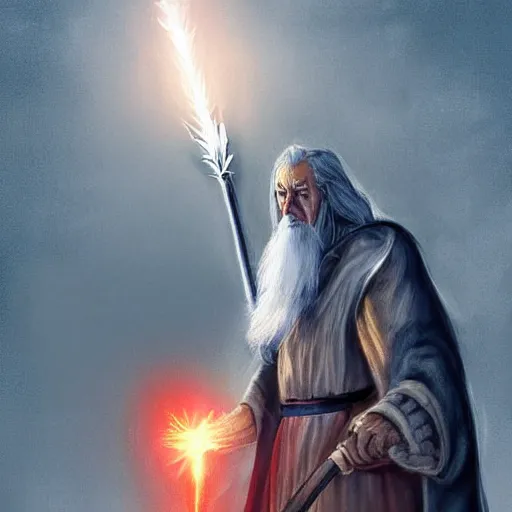 Image similar to Gandalf playing tennis against Sauron in front of Mount Doom. Both Gandalf and Sauron are in the image. Sauron is wearing his full body armor. Digital Art, lava, dark, dramatic lighting