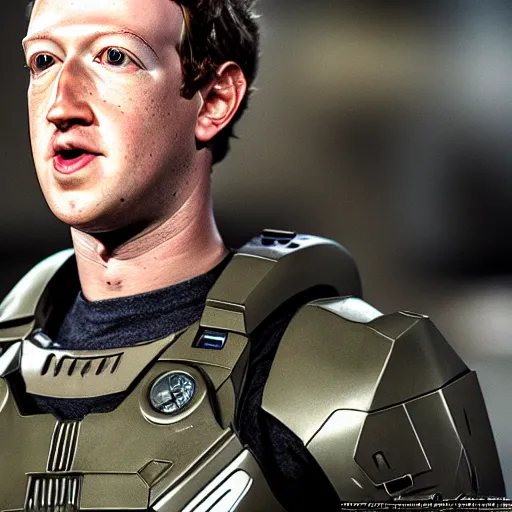 Prompt: a highly detailed photograph of mark zuckerberg as master chief, photorealistic, 4 k, wallpaper, lifelike, highly detailed, movie scene
