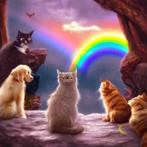 Image similar to a group of pet dogs and cats waiting patiently at the entrance to a glorious and heavenly rainbow bridge, beautiful art, artstation