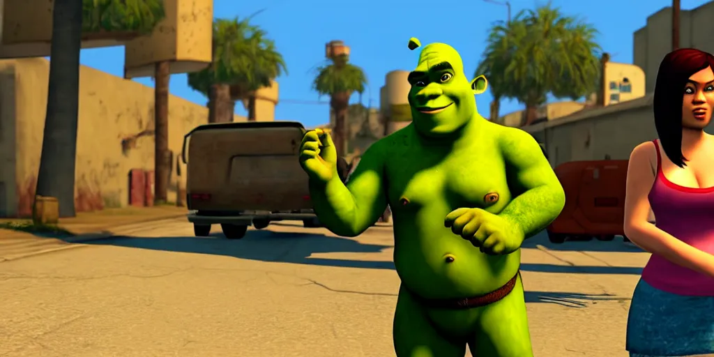 Prompt: Shrek and fiona in GTA San Andreas, cinematic shot, highly detailed, 4k