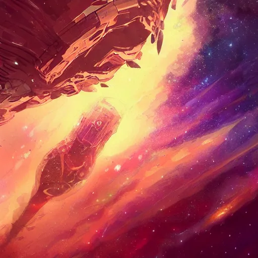 Image similar to concept art of an alien space galaxy, stars, meteorites, floating debris, beautiful, fantasy, colorful, cinematic lighting, artstation, trending, highly detailed, focus, smooth, by studio ghibli, rossdraws, hirohiko araki, conrad roset, yoshitaka amano