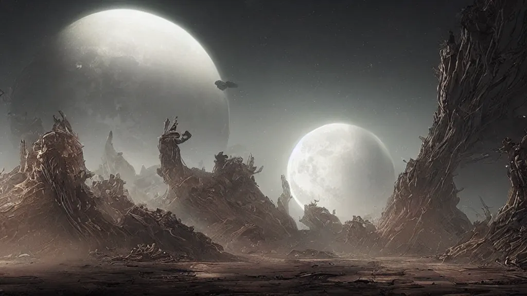 Image similar to eerie atmospheric alien moon by yoann lossel and stephan martiniere, cinematic matte painting