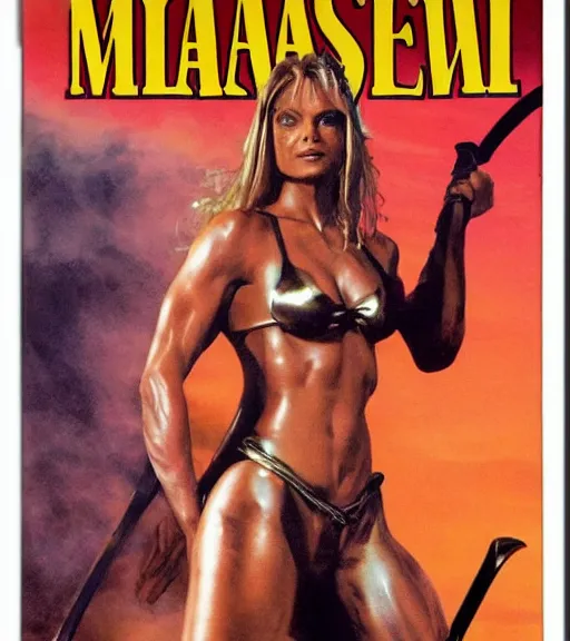 Image similar to 1 9 8 0 s fantasy novel book cover, amazonian jaime pressly in extremely tight bikini armor wielding a cartoonishly large sword, exaggerated body features, dark and smoky background, low quality print