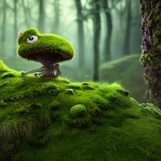 Prompt: a highly detailed digital painting of a tiny cute mossy forest creature by bobby chiu, trending on artstation, octane render, 4 k, unreal 5, macro photography, goro fujita