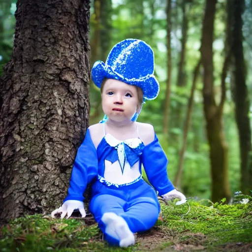 Image similar to blue'snappy gifts costume'in magical forest, gifts, dark atmosphere, high detail, soft lighting, 8 k