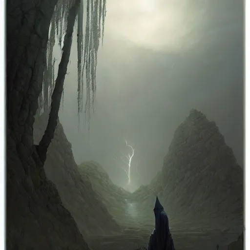 Image similar to stone humanoid colossus by grzegorz rutkowski and richard wright and peter mohrbacher and dan scott, atmospheric haze, stormy, forest, tiny woman in cloak in foreground silhouette, large scale