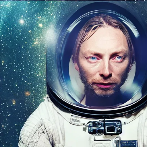 Prompt: thom yorke singer songwriter in a spacesuit filling up with water, dark background, glass - reflecting - stars, space - station light reflections, ultrafine detail, hyper realistic face, beautiful blue - eyes, music video, eyes reflecting into eyes reflecting into infinity, eyes reflecting into eyes reflecting into infinity