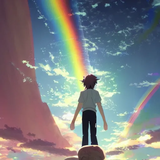 Image similar to rainbow wizard going to crossing a rainbow bridge, by Makoto Shinkai