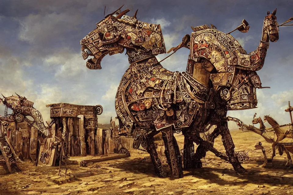 Prompt: a Trojan horse as if designed and built by a village of witches and shaman during the Iron Age, fantastic realism