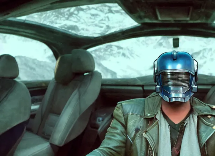 Image similar to a very high resolution image from a new movie, starlord. inside of a car. mountains, falling stars, directed by wes anderson