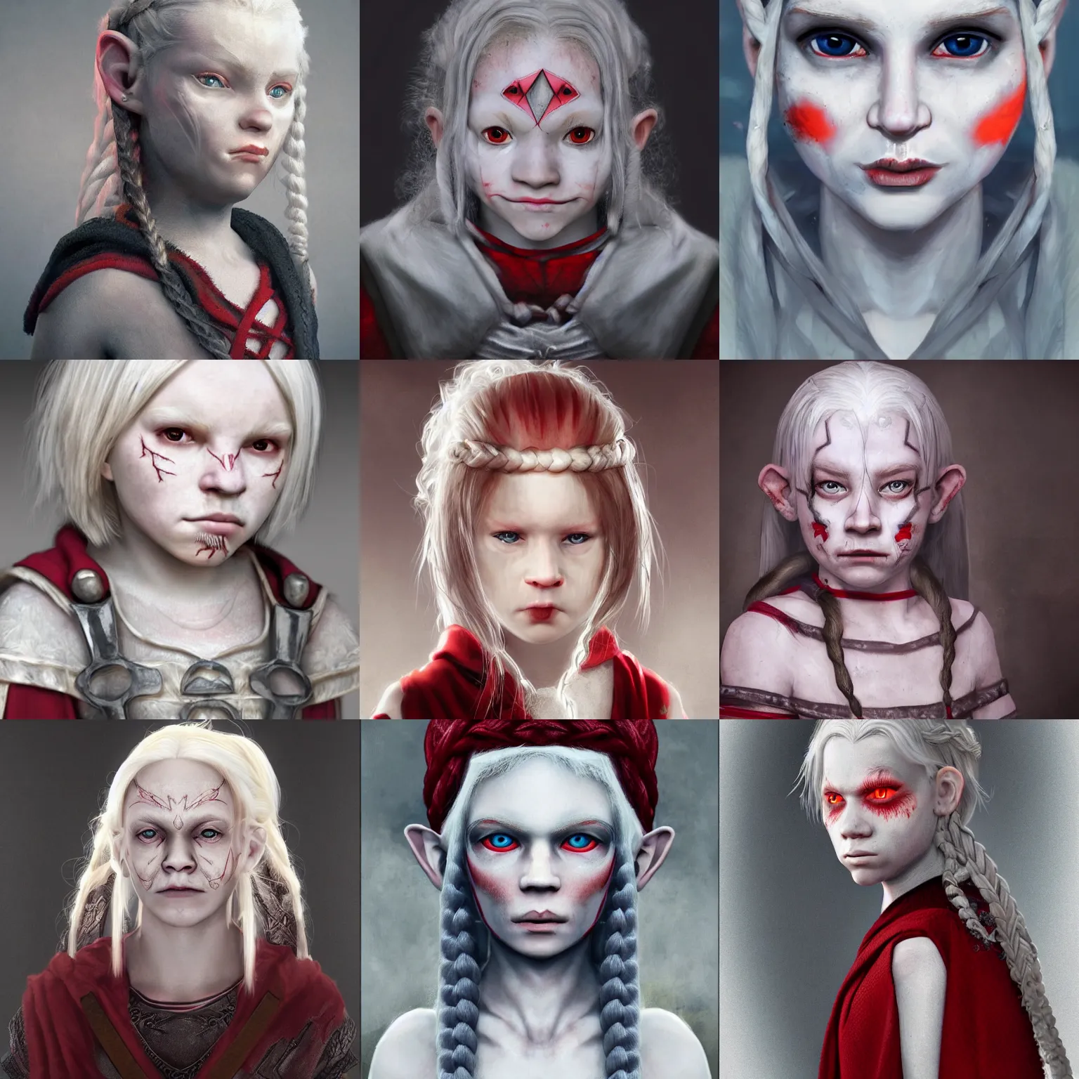 Prompt: realistic portrait of a young albino female halfling with red! eyes, white!!!! braided hair and a grey! cloak and geometric facial tattoos!!!!!!, black ribbons in hairhaunted and sad expression, artstation, cinematic lighting, 8 k, digital art