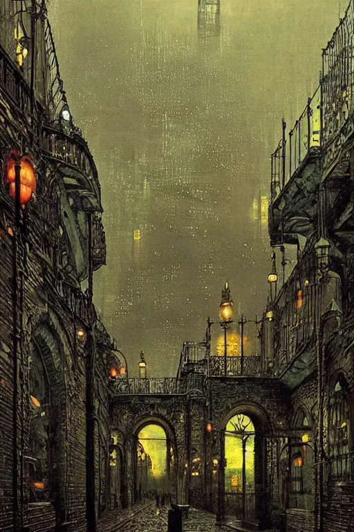 Prompt: beautiful matte steampunk landscape of pipe dreams by john atkinson grimshaw