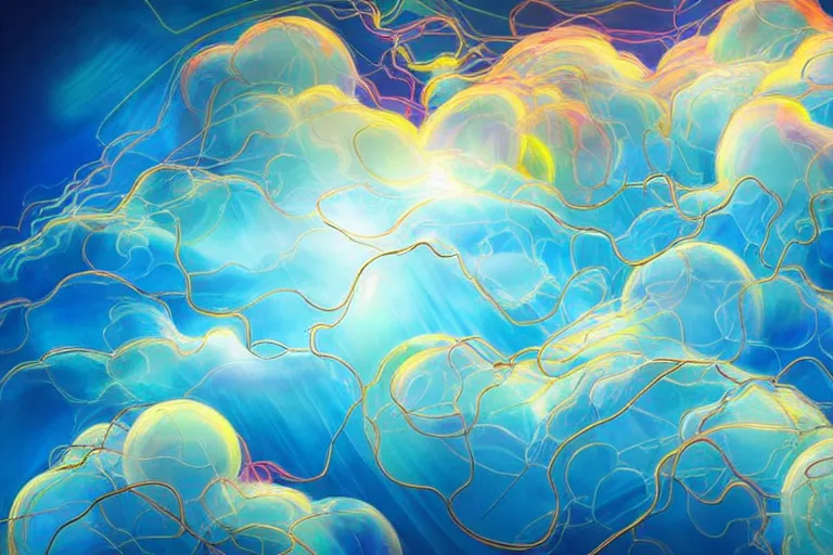 Prompt: a flock of many puffy white transparent clouds tangled into large twisting blobs of colored glass, abstract environment, lightning, award winning art, epic dreamlike fantasy landscape, ultra realistic,