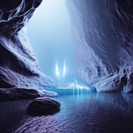 Image similar to light is mine to travel,beyond time ,the cathedrals in a underground vast cave canyon grotto of life the beginning , geological strata,ground mist, falling water,deep clear pools of water, hypermaximalist,micro details, 3d sculpture,,digital rendering,octane render , 4k, artstation, concept art ,amazing lighting, f32,deep depth of field,photographic, wide angle,cinematic lighting