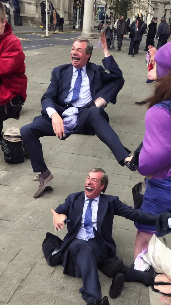 Prompt: nigel farage laughing maniacally at homeless person