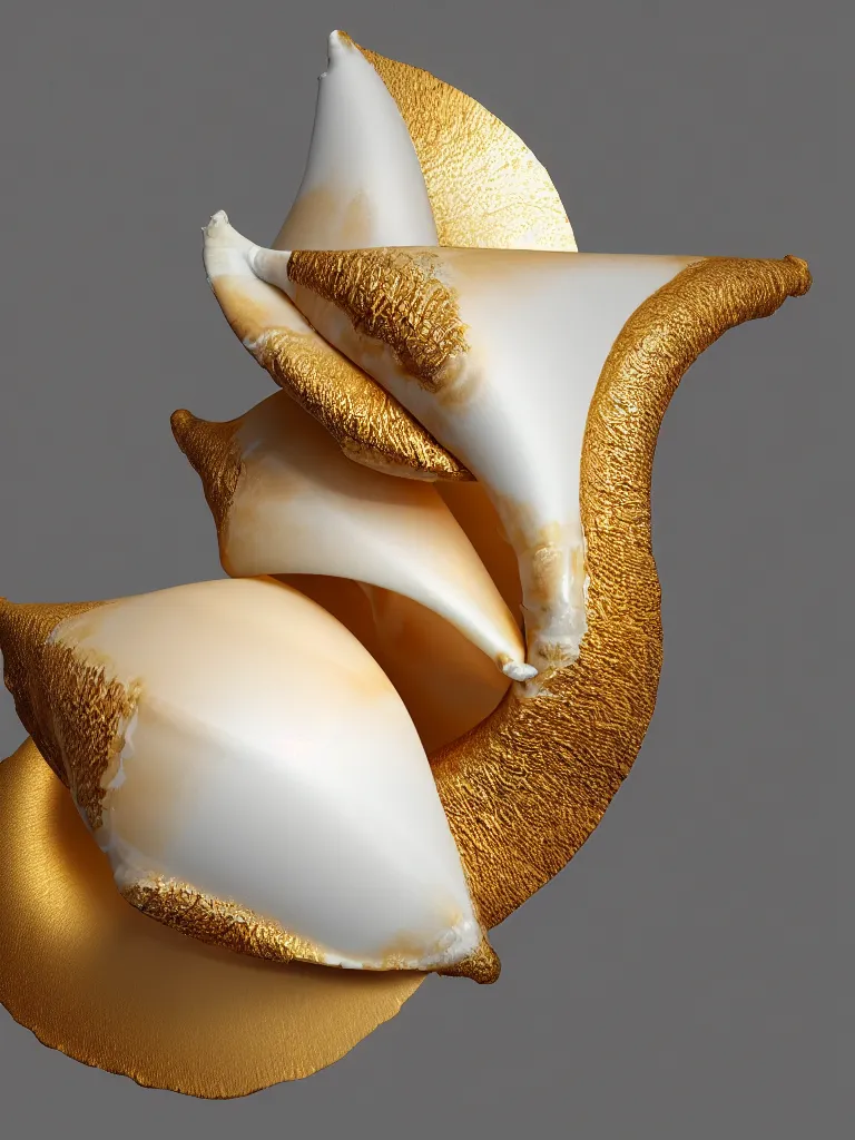 Image similar to white and gold conch, impossible geometry, surreal, Octane Render, Unreal Engine