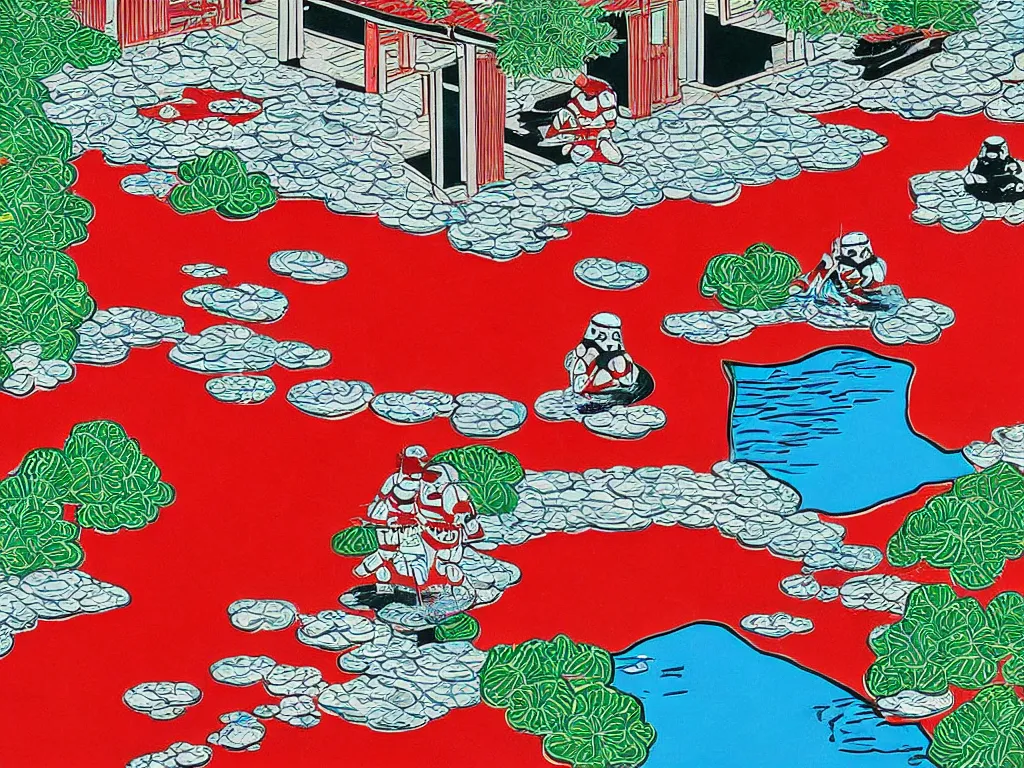 Image similar to close - up image of a japanese red house with a pond, with stormtroopers sitting around it, a combination of pop - art and traditional japanese painting styles, the style of andy warhol, roy lichtenstein and jackie tsai, bright palette, acrylic on canvas