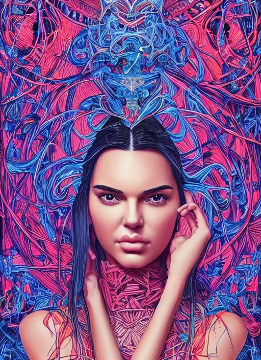 Image similar to portrait of kendall jenner an ultrafine detailed illustration by james jean, intricate linework, bright colors, final fantasy, behance contest winner, vanitas, angular, altermodern, unreal engine 5 highly rendered, global illumination, radiant light, detailed and intricate environment