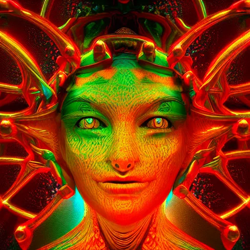 Image similar to DMT, machine elves, 4k, octane render, psychedelic, by Pablo Amaringo