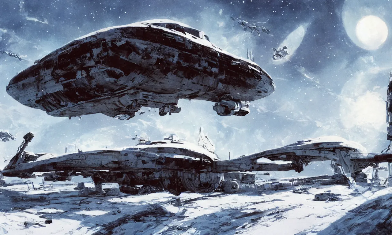 Image similar to remains of a derelict spaceship covered in snow on a frozen alien world, science-fiction, cinematic lighting, cinematic angle, Syd Mead, Federico Pelat, daylight, blue sky, spaceship in the sky