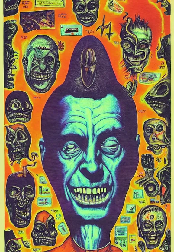 Image similar to subgenius, x - day, aliens, weird stuff, occult stuff, devil stuff, medical diagram, colorful, stained paper, hyperrealism, stage lighting