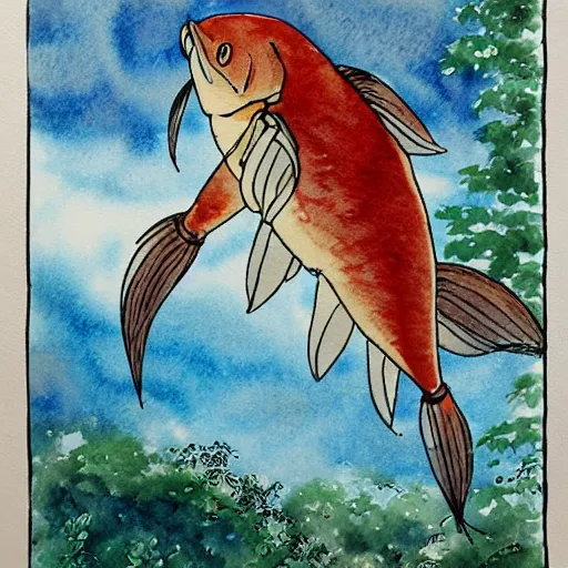 Prompt: studio ghibli watercolor of carp falling from the sky