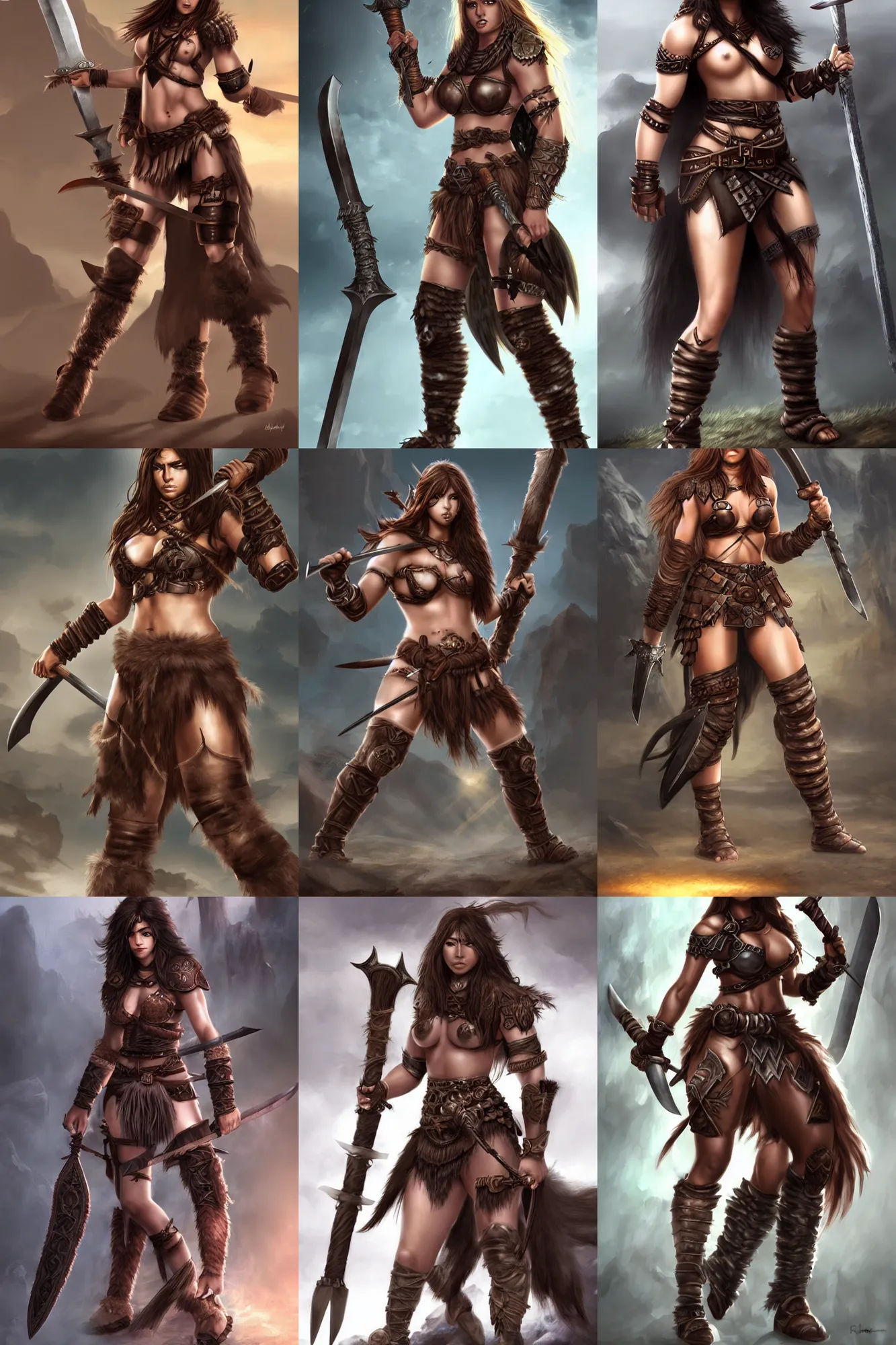 Prompt: Female barbarian, beautiful, light borwn hair, dark skin, brown eyes, detailed face, fully covering leather armor, swords, battle stance, high fantasy, matte painting