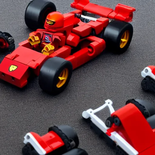 Image similar to a bionicle driving a lego ferrari f1, photo realistic, very detailed, lighting, 8k