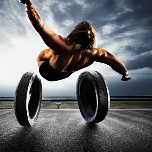 Image similar to car jump, bodybuilder, woman, holding, photo, digital art, hands, underbody, tire, throw, standing