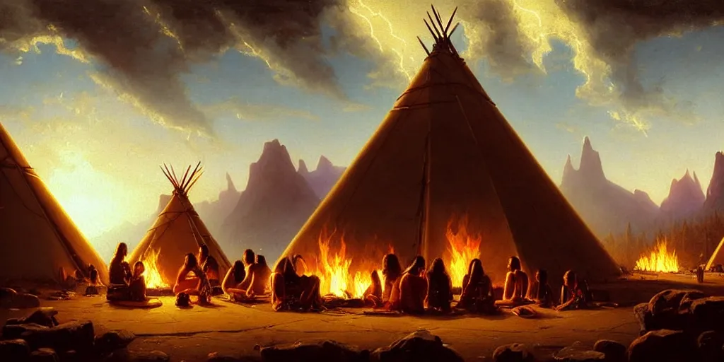 Image similar to a group of some native americans and their cyborgs sitting together at a fire in front of some tipis, beatiful mountain background, cyberpunk, by albert bierstadt, by greg rutkowski, highly detailed, warm lightning, digital painting