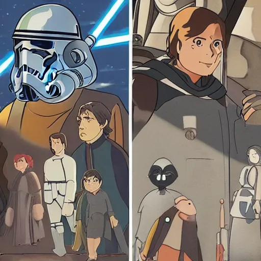 Prompt: star wars stills in the art style of studio ghibli