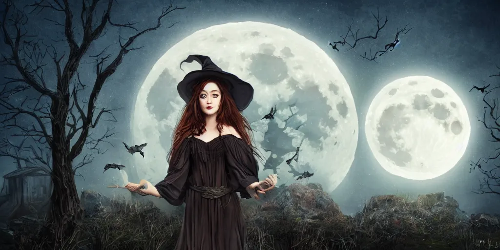 Prompt: illustration of a Witch in front of the full big moon, realistic painting, high definition, digital art, matte painting, very detailed, realistic