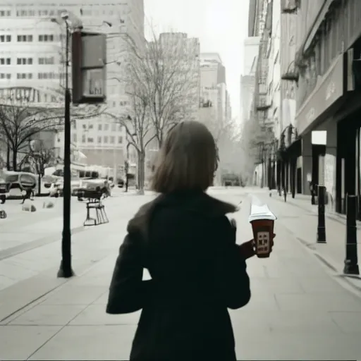 Image similar to film still of a woman drinking coffe, walking to work, long shot, wide shot, full shot
