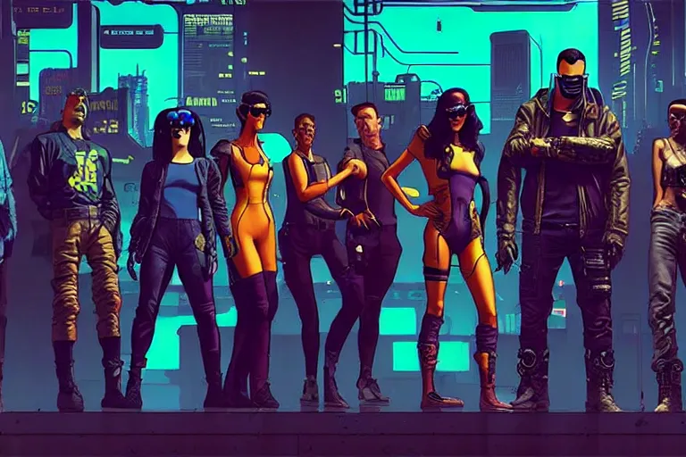 Image similar to cyberpunk heist crew. portrait by stonehouse and mœbius and will eisner and gil elvgren and pixar. character design. realistic proportions. dystopian. cyberpunk 2 0 7 7, apex, blade runner 2 0 4 9 concept art. cel shading. attractive face. thick lines. hi def 4 k. the team. detailed characters.