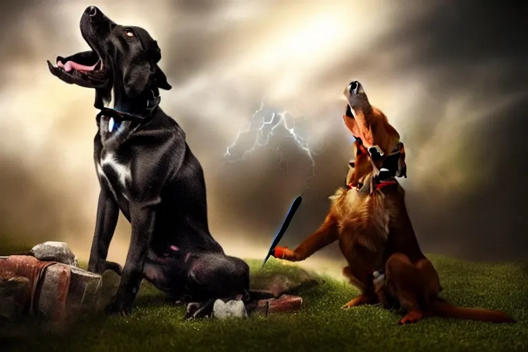 Image similar to dog wizard casting a magic spell, fantasy, majestic pose, dramatic lighting, cinematic scene