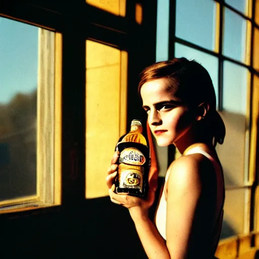 Prompt: Photograph of Emma Watson holding a 40 oz of malt liquor by the window. Golden hour, dramatic lighting. Medium shot. CineStill