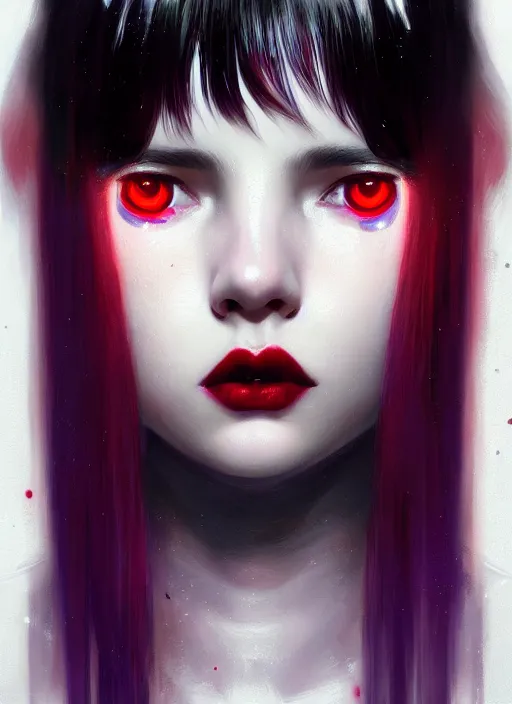 Image similar to portrait of teenage girl, red irises, red eyes, black hair, white bangs, purple lipstick, white bangs, bangs, black hair and white bangs, intricate, elegant, glowing lights, highly detailed, digital painting, artstation, concept art, smooth, sharp focus, illustration, art by wlop, mars ravelo and greg rutkowski