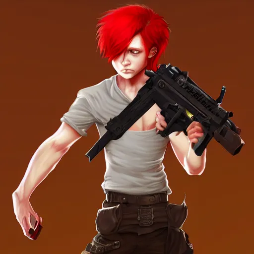 Image similar to a concept art of a boy with red hair holding a gun, highly detailed, digital painting, artstation, concept art, smooth, sharp focus, illustration