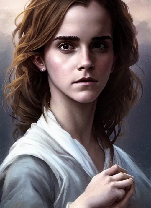 Prompt: emma watson as hermione. beautiful detailed face. by artgerm and greg rutkowski and alphonse mucha