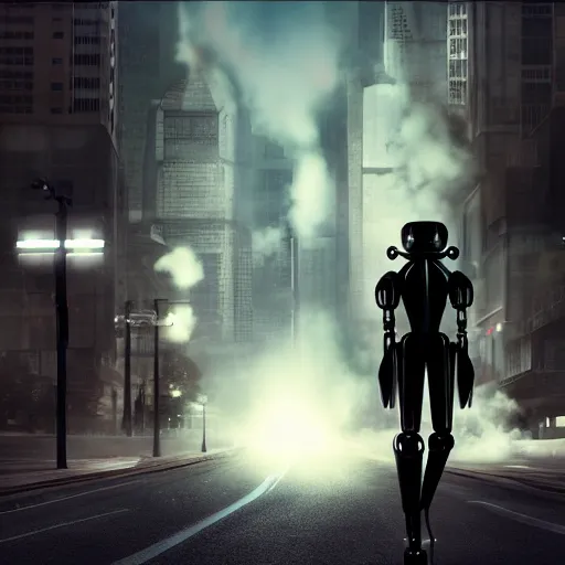 Image similar to apocalyptic, robot aliens walking on the future streets. a black cat. smoke. volumetric lighting, sharp focus, ultra detailed, cgsociety - w 1 0 2 4 - n 8 - i