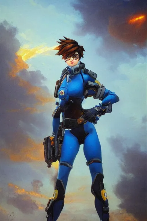 Prompt: oil painting of tracer overwatch in a dystopian city wearing blue uniform, in style of ivan aivazovsky, expressive face, detailed face, detailed eyes, full body, feminine face, tracer overwatch,