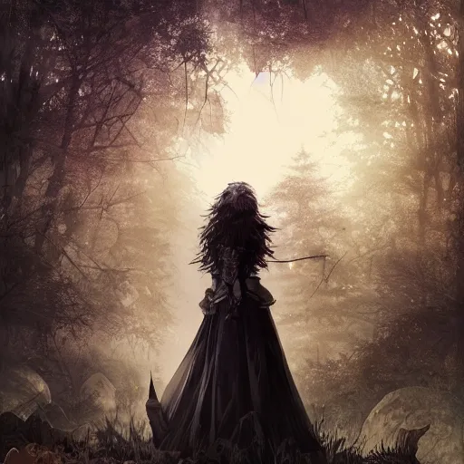 Image similar to goth woman in a moonlight view, in a forest, a river, tankoban, 4 k, tone mapping, akihiko yoshida, james jean andrei riabovitchev marc simonetti, yoshitaka amano, long hair, curly, h. hydrochaeri