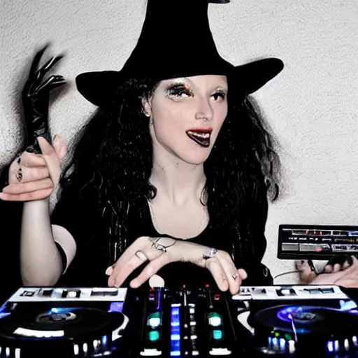 Prompt: a witch on the dj decks