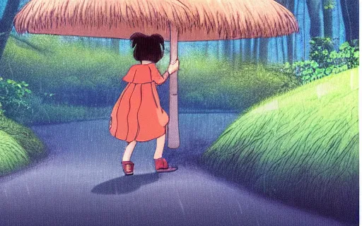 Prompt: a young girl with her pet capybara walking through the forest, raining, side view, art by hayao miyazaki, studio ghibli film, 4k, hi res, high detail