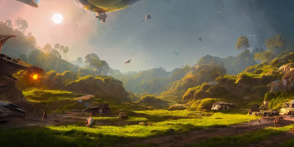 Prompt: Lively sunny landscape of a kerala village, spaceship landing, furious action scene, realistic detailed digital art by Maxwell Boas Jessica Rossier Christian Dimitrov Anton Fadeev trending on Artstation CGSociety rendered in Unreal Engine 4k HQ