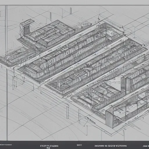 Image similar to exploded axon schematic drawing of a typical city block, in drawing style of peter eisenman