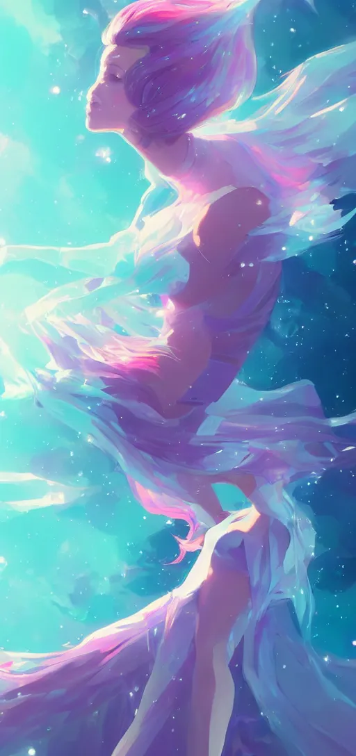 Prompt: beautiful woman floating in space peacefully, crystallized dress, pinks blue an purples, vibrant, extra long hair, full body, wojtek fus, by Makoto Shinkai and Ilya Kuvshinov,