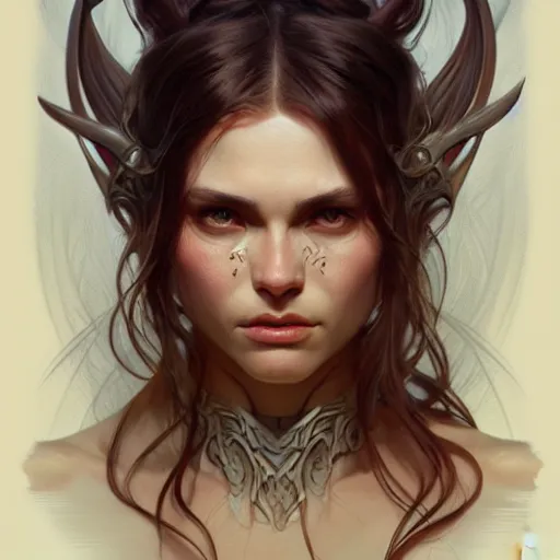 Image similar to portrait of forest gog, female, clear face, masculine, upper body, muscular, fantasy, intricate, elegant, highly detailed, digital painting, artstation, concept art, matte, sharp focus, illustration, art by artgerm and greg rutkowski and alphonse mucha